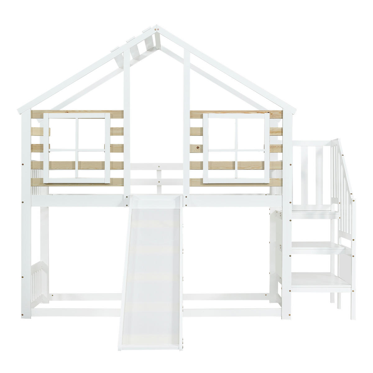 HAUSBETT 90x200 cm, Holzbett mit Rutsche, Fenster & Absturzsicherung, Massivholz, weiß - Weiß, Holz (90/200cm)