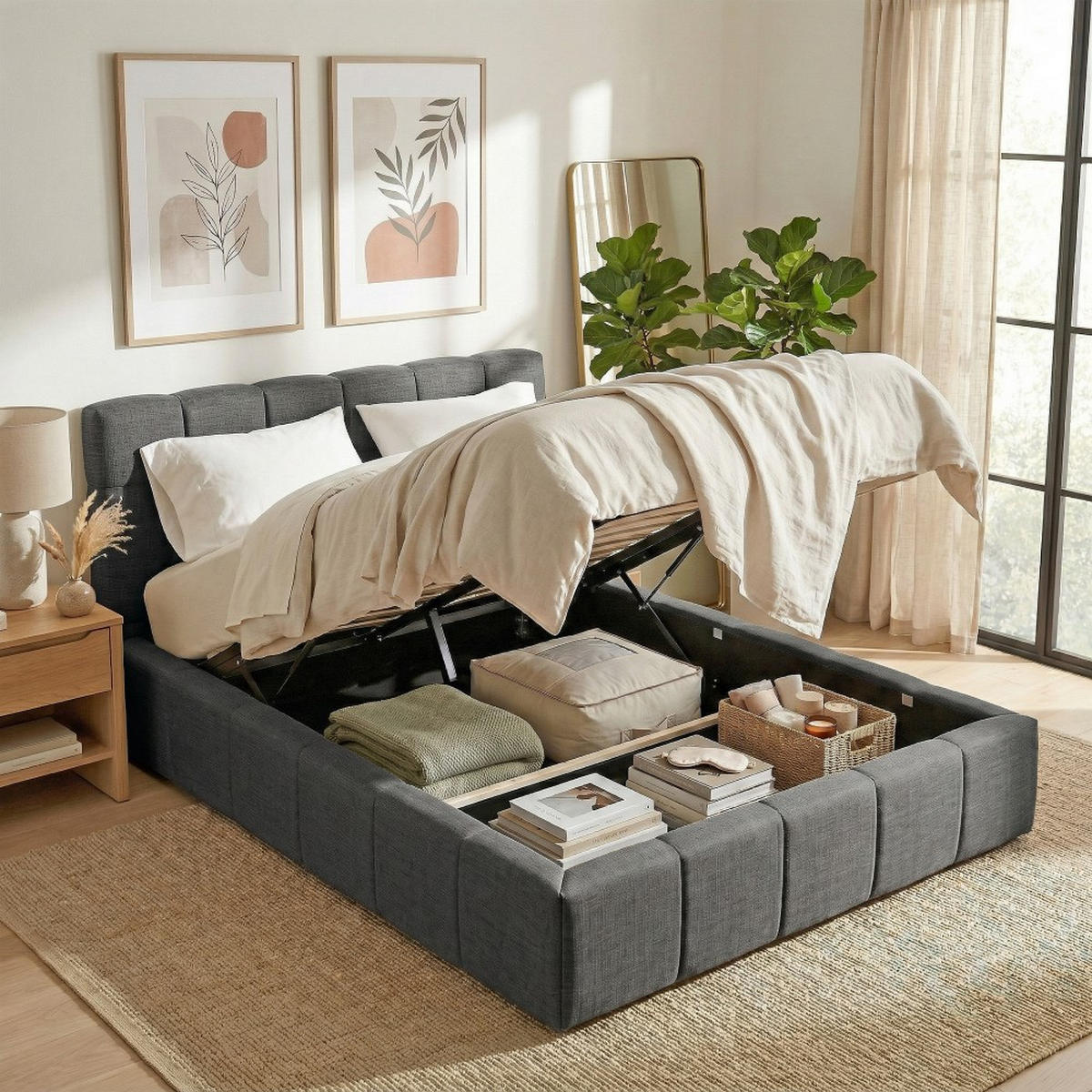 BETT ELIAS / 160x200 cm mit Bettkasten, Dunkelgrau - Beige, Holzwerkstoff (160/200cm) - Weber Industries