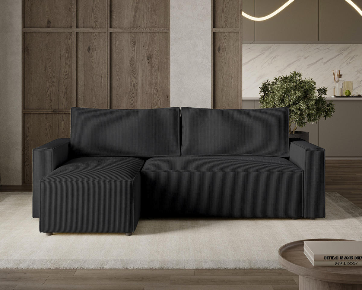 ECKSOFA LIVIO S mit Schlaffunktion, universell montierbar - POSO 135 - Schwarz, Holz (230/142cm) - Dekori_Interiors