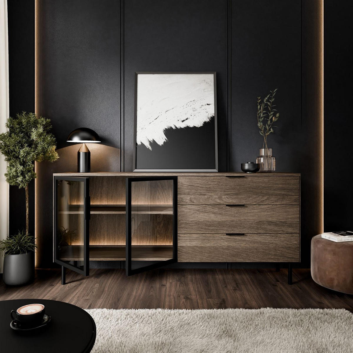 SIDEBOARD LINEA LOFT mit LED-Beleuchtung Eiche + Schwarz - Eichefarben, Holzwerkstoff (181/83/39cm) - Lookway