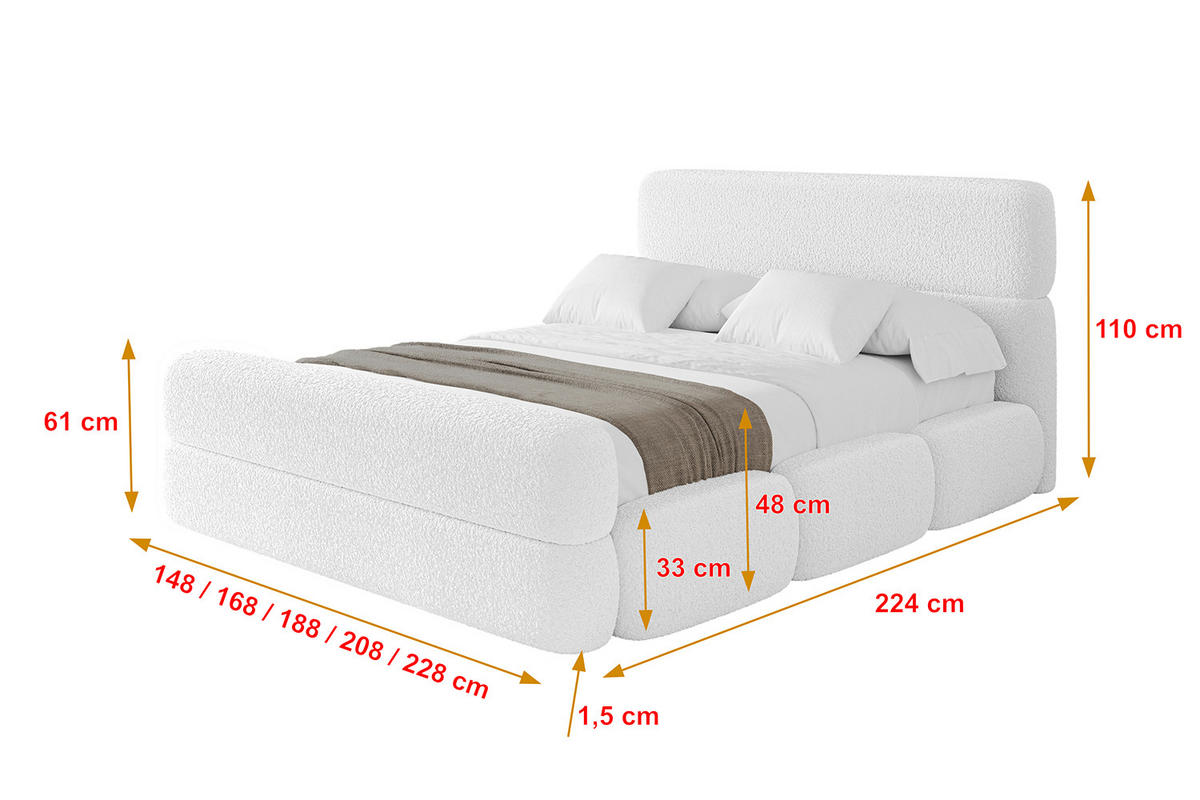 POLSTERBETT mit Bettkasten, Fußteil und Lattenrost, Bett mit Matratze H3/H4 - ELVA-Z 180x200 Weiß - Weiß, Holzwerkstoff/Textil (180/200cm) - ALTDECOR