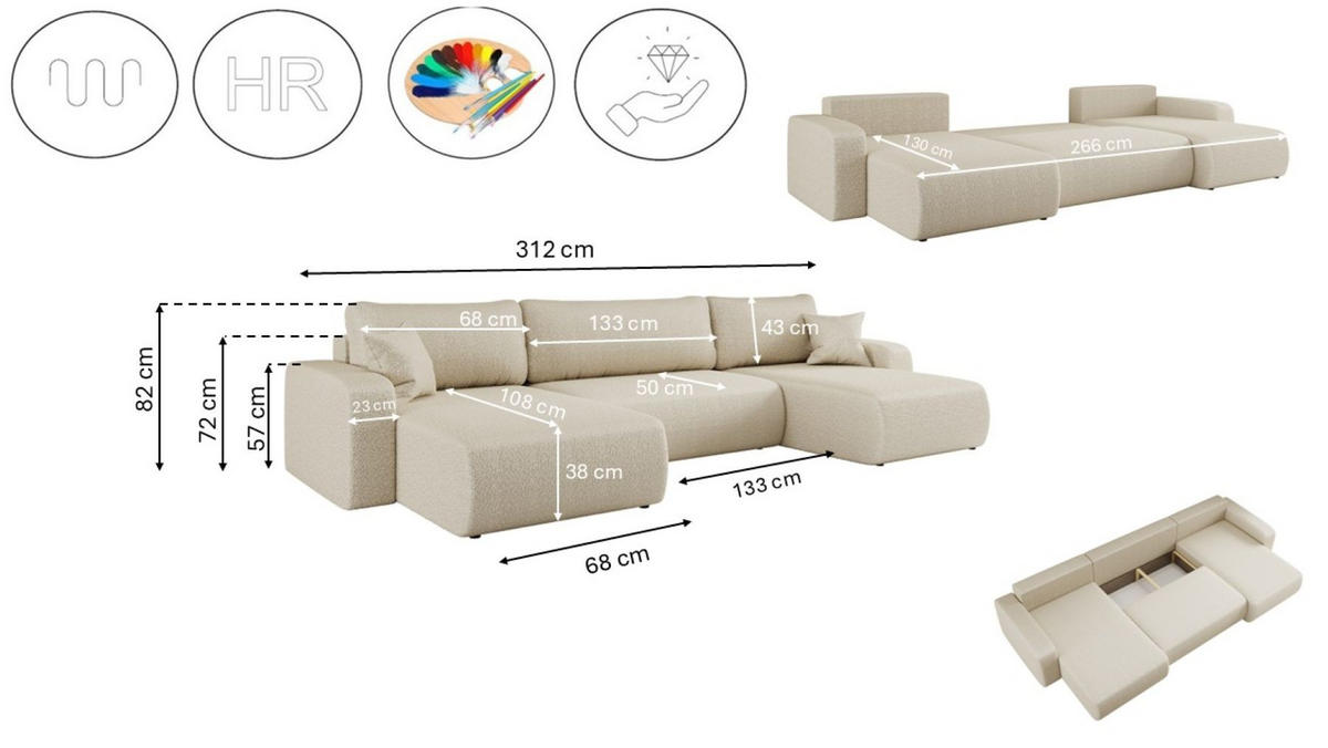 ECKSOFA U-Form Mit Schlaffunktion Und Bettkasten MILANO Stoff Ecru - Ecru, Holz (312/145cm) - Kaiser Möbel