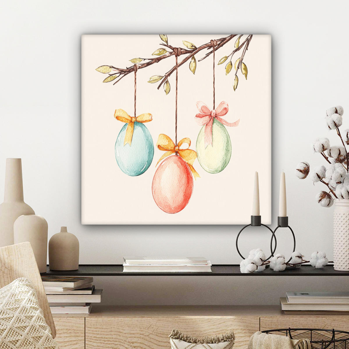 LEINWANDBILD Osterkuchen - Schleife - Eier Wandbild Wohnzimmer 50x50 cm - Creme, Textil (50/50cm) - MuchoWow