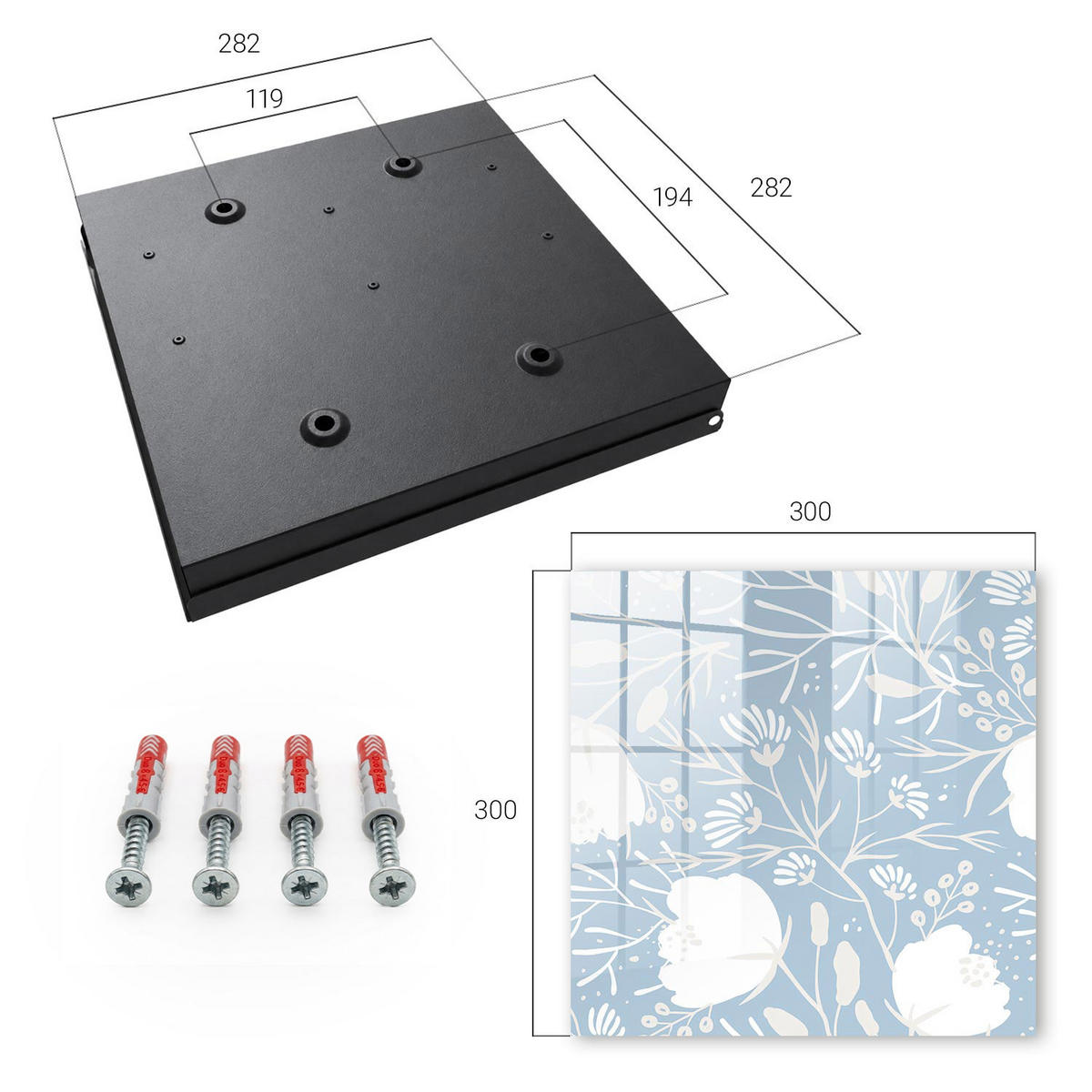 SCHLÜSSELBOX Schwarz 30x30 cm- Türöffnung nach rechts - Pflanzenmotive - Blau, Metall (30/30/5cm) - TULUP