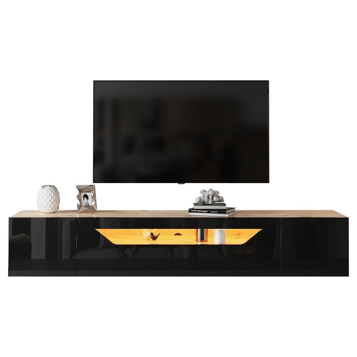 TV-SCHRANK 180x37cm wandmontierbar Hochglanz LED 3 Fächer Schwarz & Naturholz - Braun, Holz (44.5/14/120.78cm) - FLIEKS