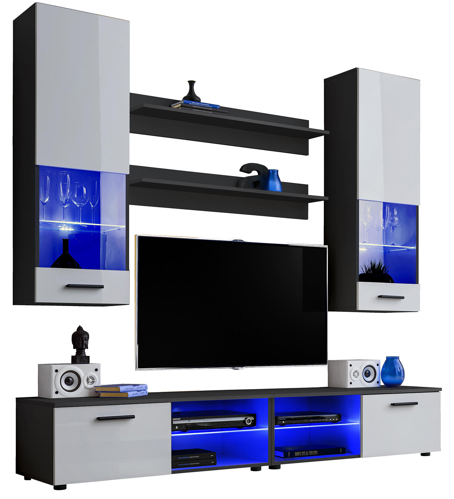 WOHNZIMMERSET VARALLO, 6er-Set, Schwarz, Front Hochglanz Weiß , LED Blau - Schwarz/Weiß, Glas/Holzwerkstoff (200/190/45cm) - Komodee