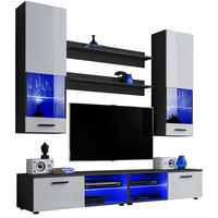 WOHNZIMMERSET VARALLO, 6er-Set, Schwarz, Front Hochglanz Weiß , LED Blau - Schwarz/Weiß, Glas/Holzwerkstoff (200/190/45cm) - Komodee