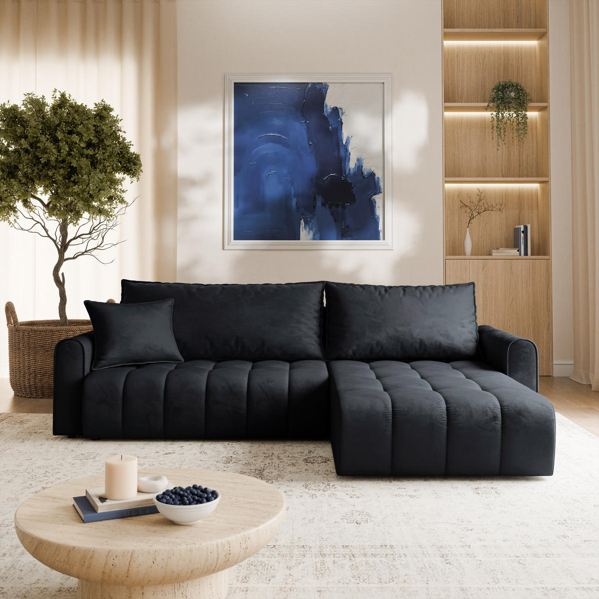 ECKSOFA FRIGA Schwarz Velours-Stoff mit Schlaffunktion - Schwarz, Holz (283/185cm) - MASSENO