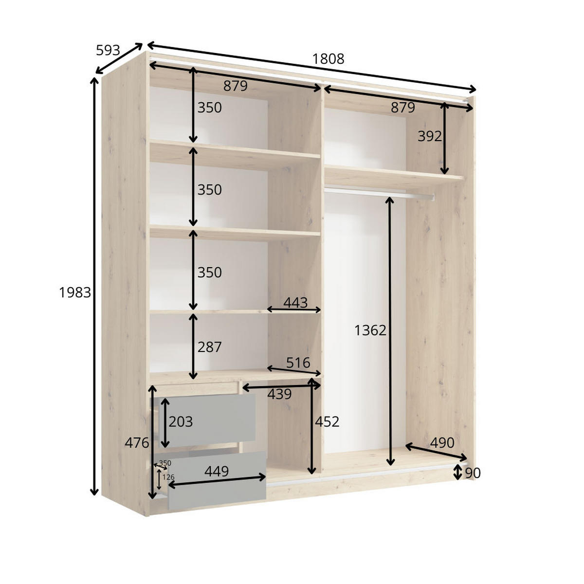 SCHWEBETÜRENSCHRANK Uriel graphit grau / Eiche Artisan 180 / 59 / 198cm - Eichefarben/Multicolor, Holz/Holzwerkstoff (180/198/59cm) - Feldmann-Wohnen