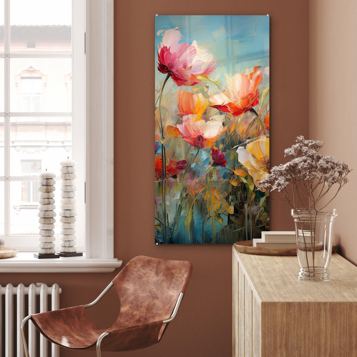 ACRYLGLASBILD Blumen - Aquarell - Kunst - Botanisch - Natur 60x120 cm - Orange, Glas (60/120cm) - MuchoWow