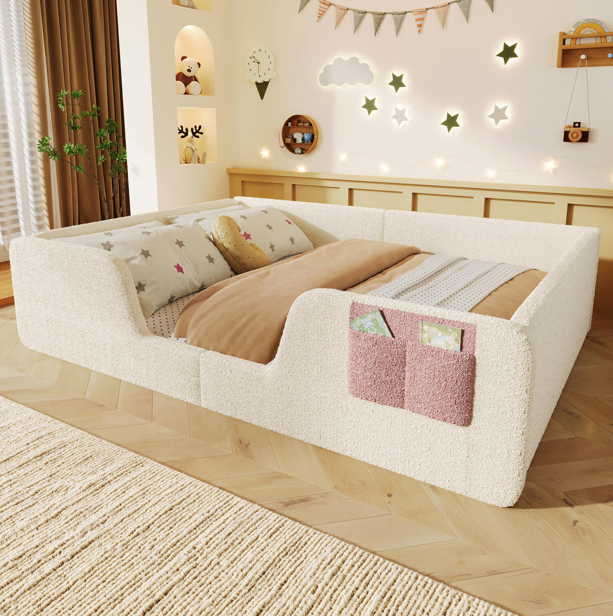 KINDERBETT aus Velours und MDF 140x190 cm Beige mit abnehmbaren Seitengittern und Stofftasche - Beige, Textil (140/190cm) - Modfu