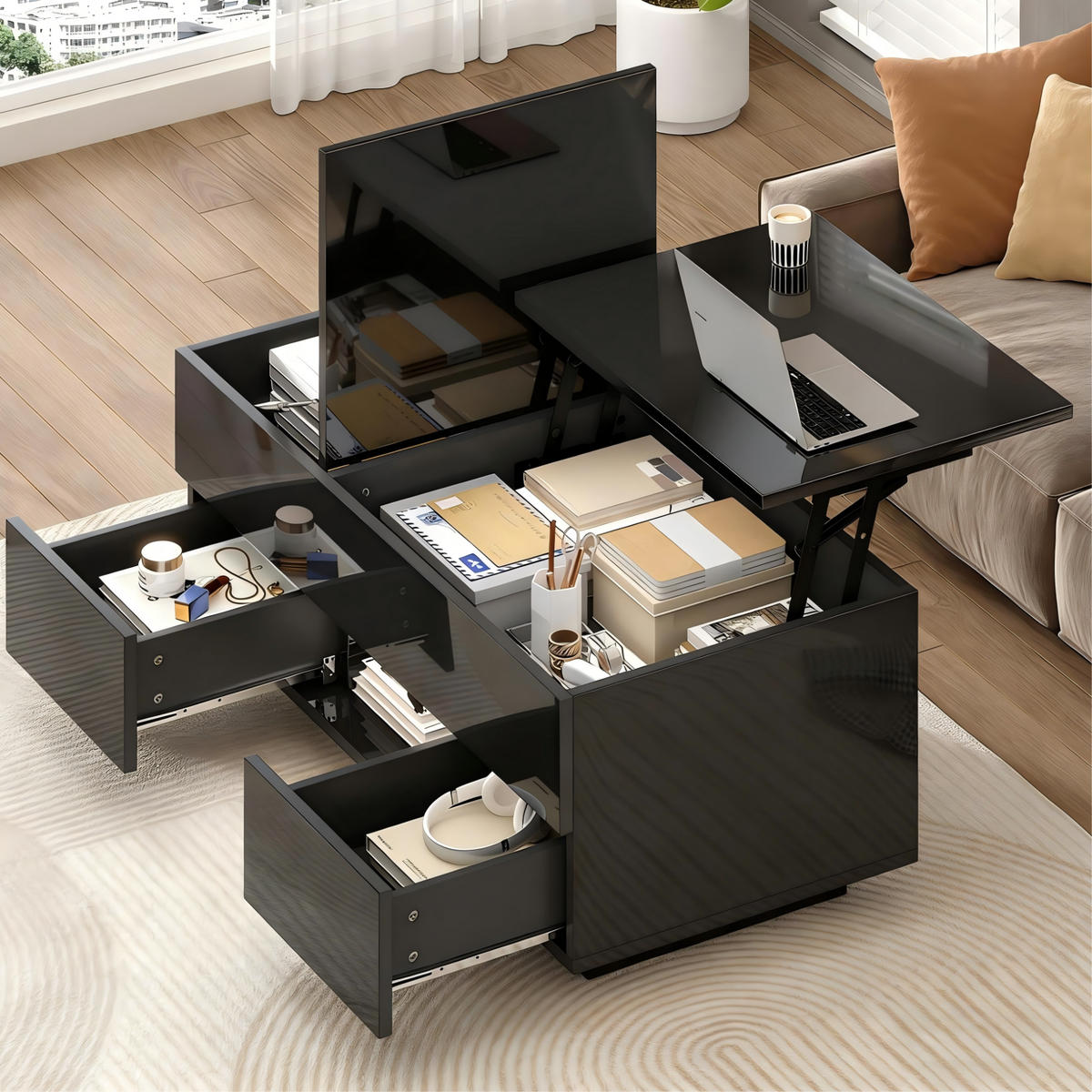 COUCHTISCH aus Spanplatte 100x45x43 cm in Schwarz mit LED & Höhenverstellung - Schwarz, Holzwerkstoff (100/45/43cm) - Modfu