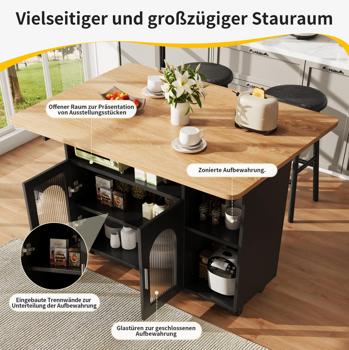 KÜCHENINSEL klappbar 120 x 70 cm Schwarz - Schwarz, Holz (30/79.5/120cm) - Beauniv