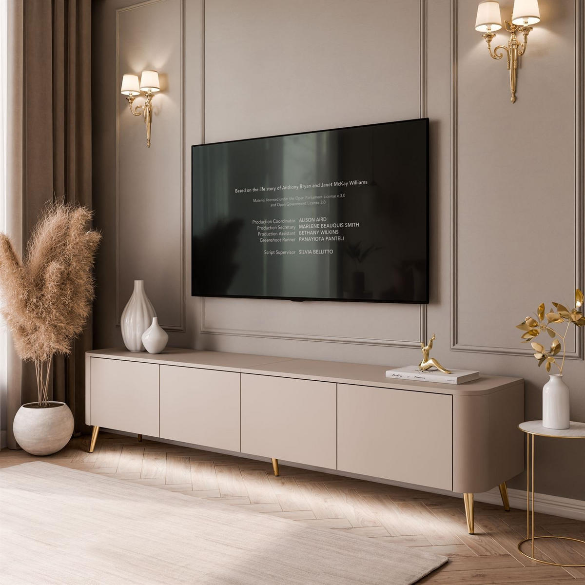 TV-SCHRANK CELESTE PUSH OPEN mit Beleuchtung auf Schräge goldene Füßen - Kaschmir, Holzwerkstoff (200/46.5/40cm) - Lookway
