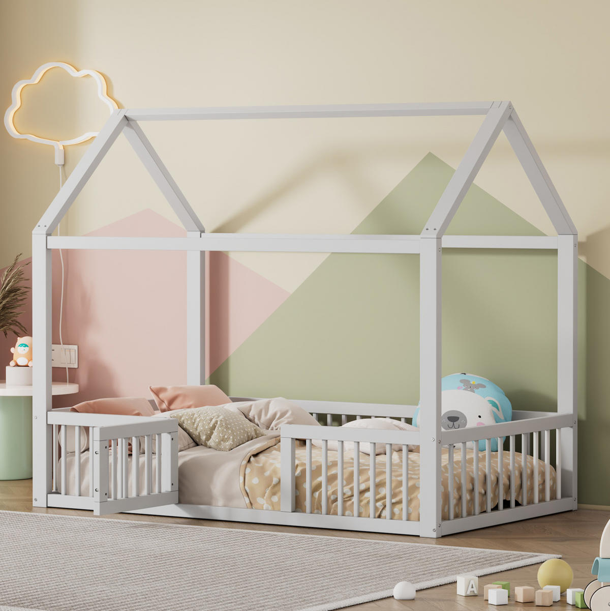 POSTELJA v obliki hiše 90/200 cm bela z varnostno ograjo in vratci iz bora in MDF - bela, les (90/200cm) - OKWISH