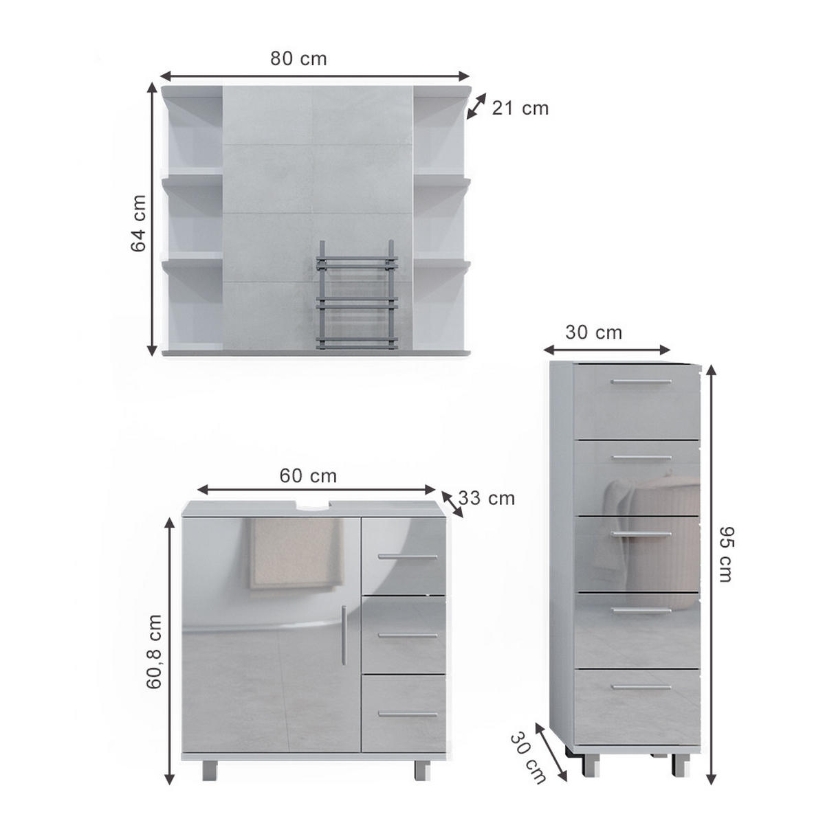 BADMÖBEL-SET Ilias Weiß Hochglanz 3 Teile, mit Midischrank - Weiß Hochglanz/Weiß, Holzwerkstoff (60/60.8/33cm) - Vicco