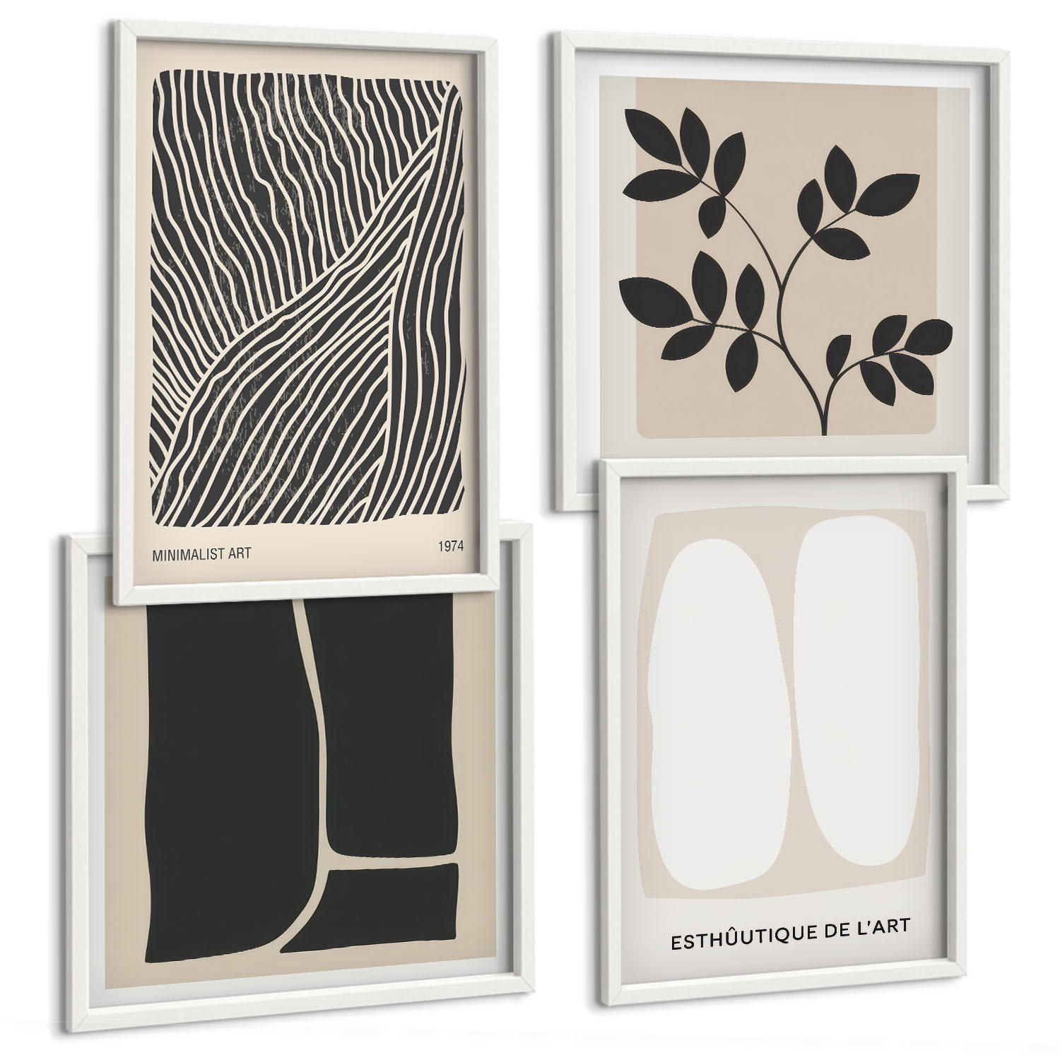 BILDER SET 4er Set - 50x50 cm & 40x60 cm Weißer Rahmen - Minimalistische Pflanzenmuster - Weiß, Kunststoff (50/50cm) - TULUP