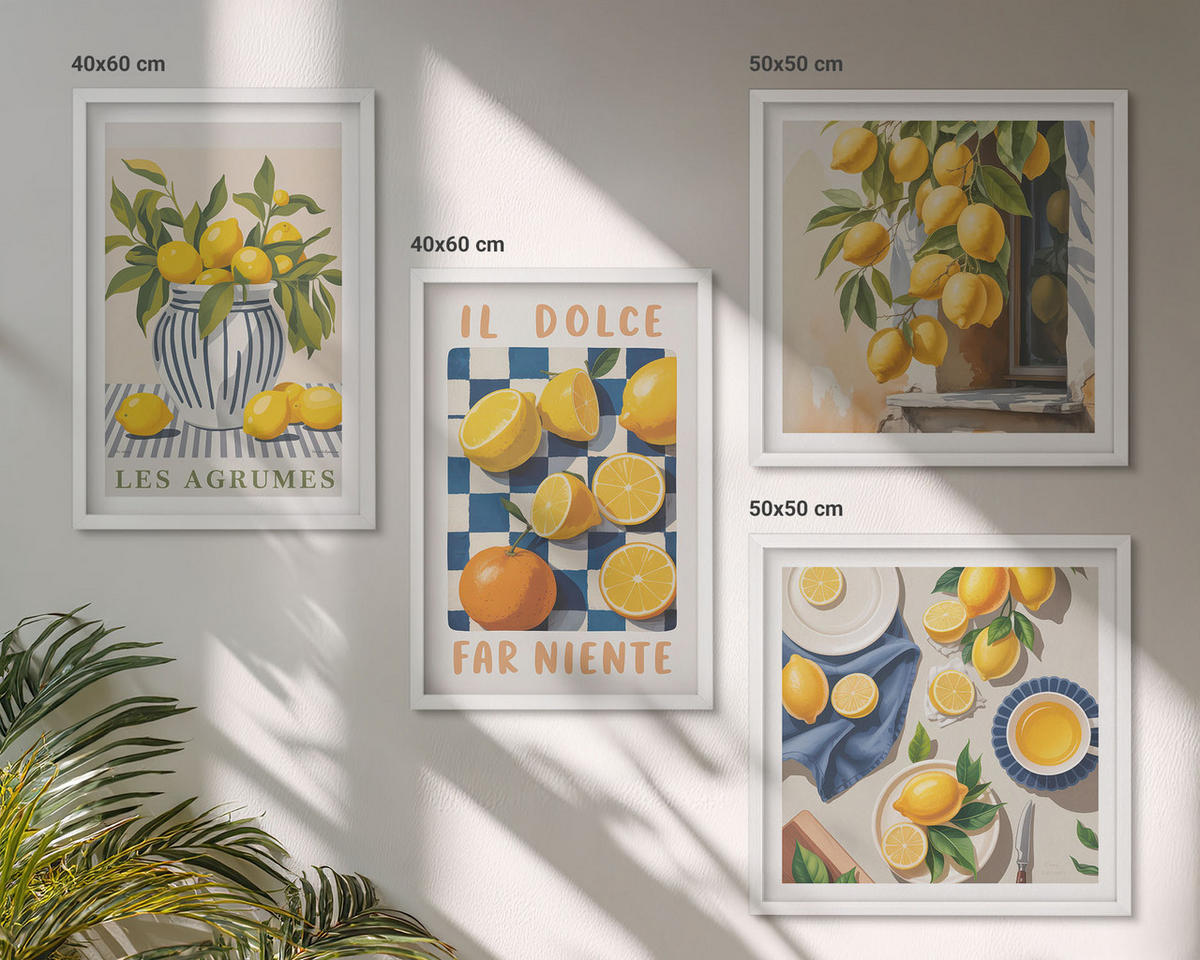 BILDER SET 4er Set - 50x50 cm & 40x60 cm Weißer Rahmen - Retro gelbe Zitrusfrüchte - Weiß, Kunststoff (50/50cm) - TULUP