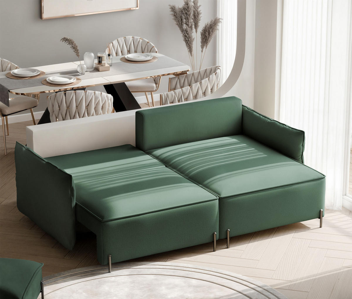ECKSOFA MARCO Rechts, mit Schlaffunktion und Bettkasten, Grün - Grün, Textil/Metall (221/148cm) - Idohome