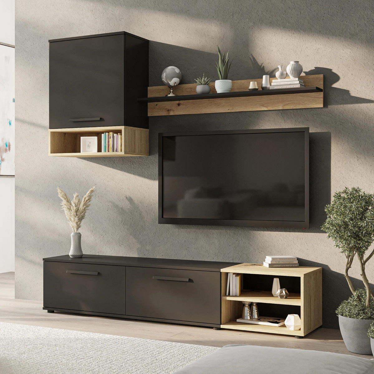 WOHNWAND Vento 180 cm breite 3-teilig Schwarz und Artisan Eiche - Schwarz/Eiche Artisan, Holzwerkstoff/Kunststoff (180/119/40cm) - Ravio