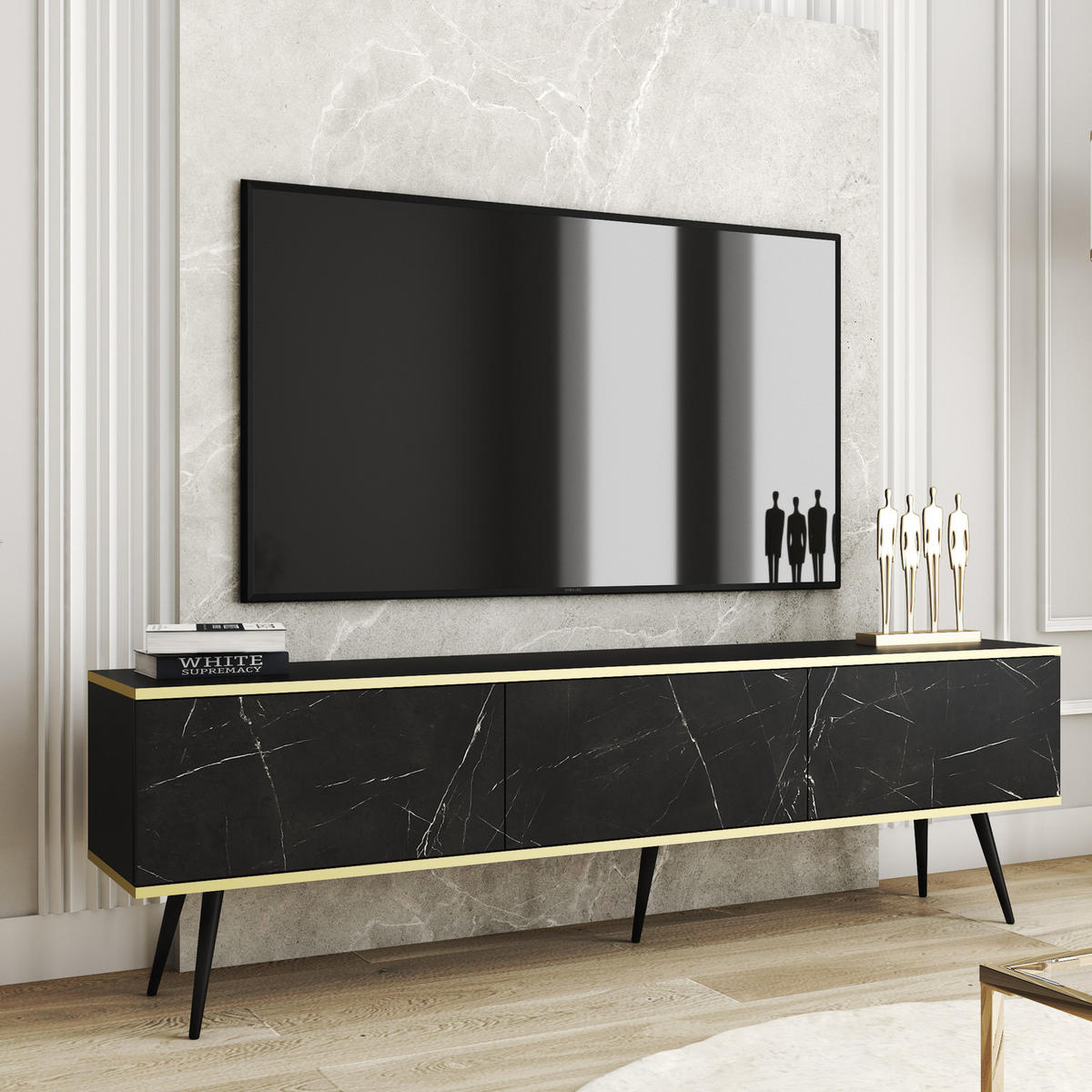 TV-LOWBOARD FORNO (Marmor Black Royal, Goldene Details, 3 Türen, schwarze Metallfüße, 175 cm) - Schwarz, Holz/Holzwerkstoff (175/53/32cm) - Ravio