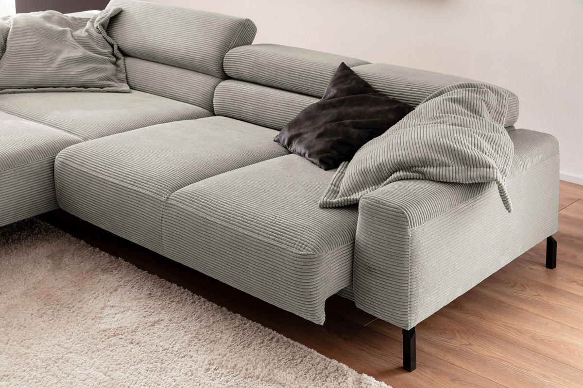 ECKSOFA MIT MOTORISCHEM SITZVORZUG DELIA Steingrau Cord - Greige/Schwarz, Textil/Metall (312/219cm) - KAWOLA