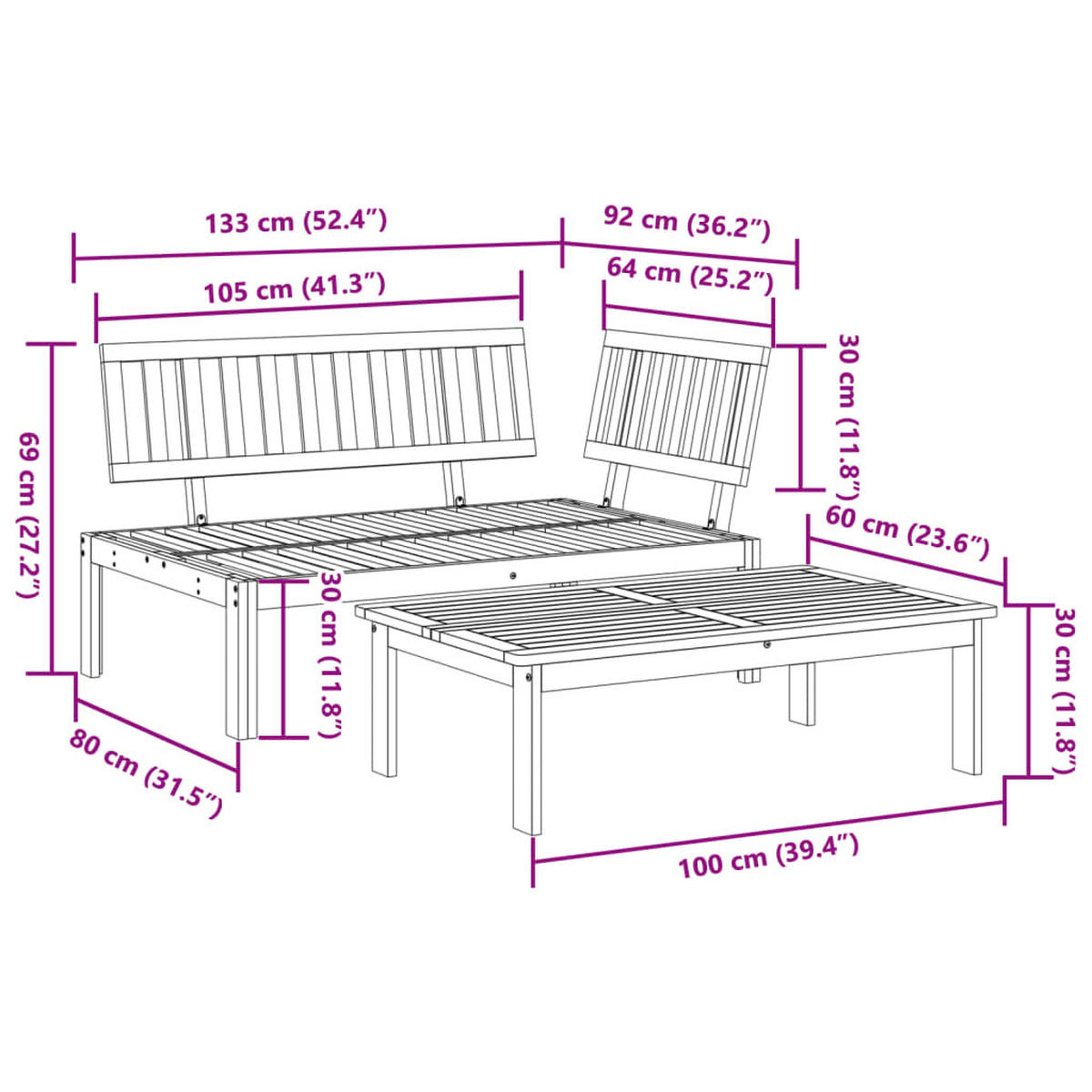 GARTEN-SOFAGARNITUR 2-TLG. Aus Paletten Massivholz Akazie - Braun, Holz (92/69/133cm) - vidaXL