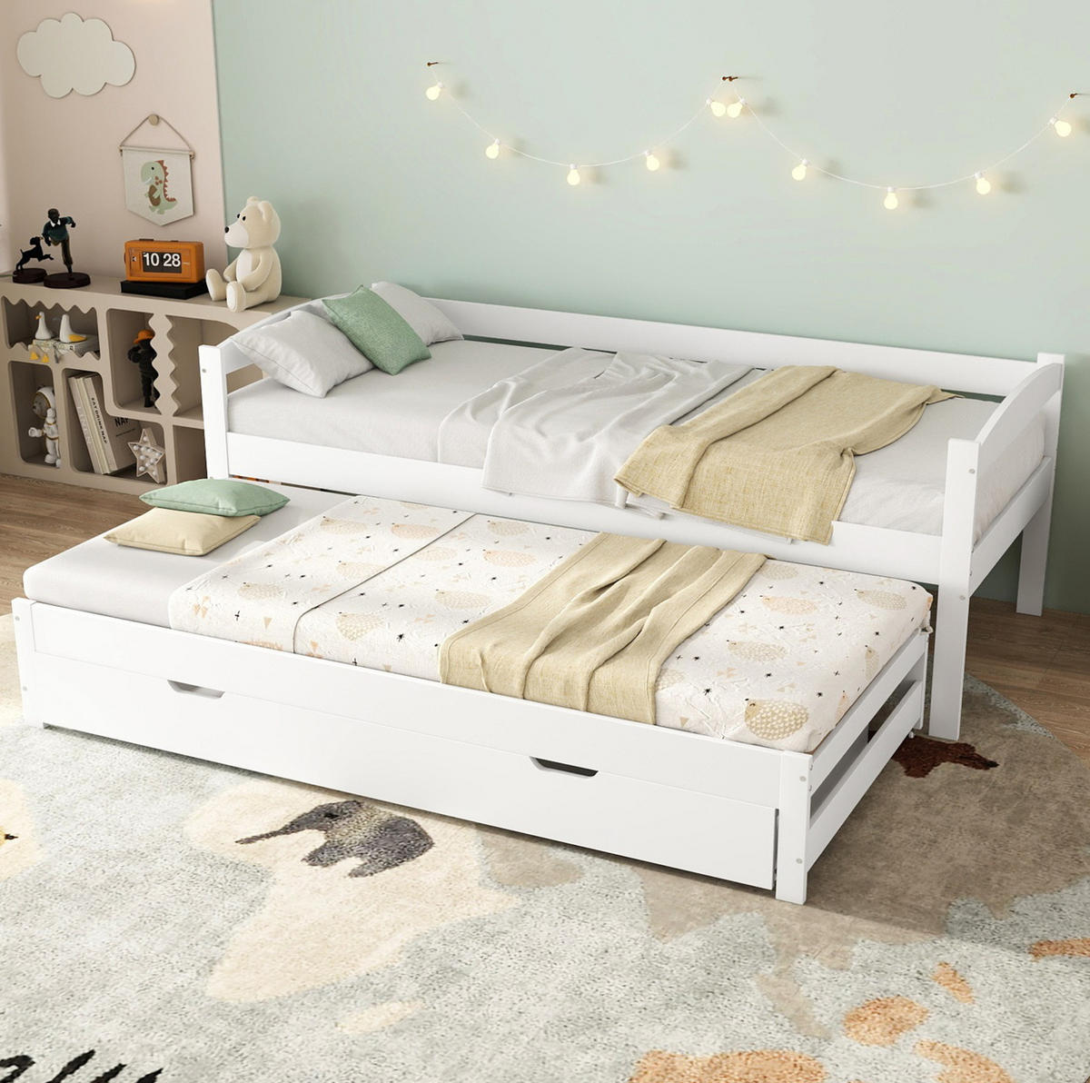 TAGESBETT 200/90 cm mit Ausziehbett 190/90 cm, 2 Schubladen und Massivholzrahmen, Weiß - Weiß, Holzwerkstoff (90/200cm) - Redom