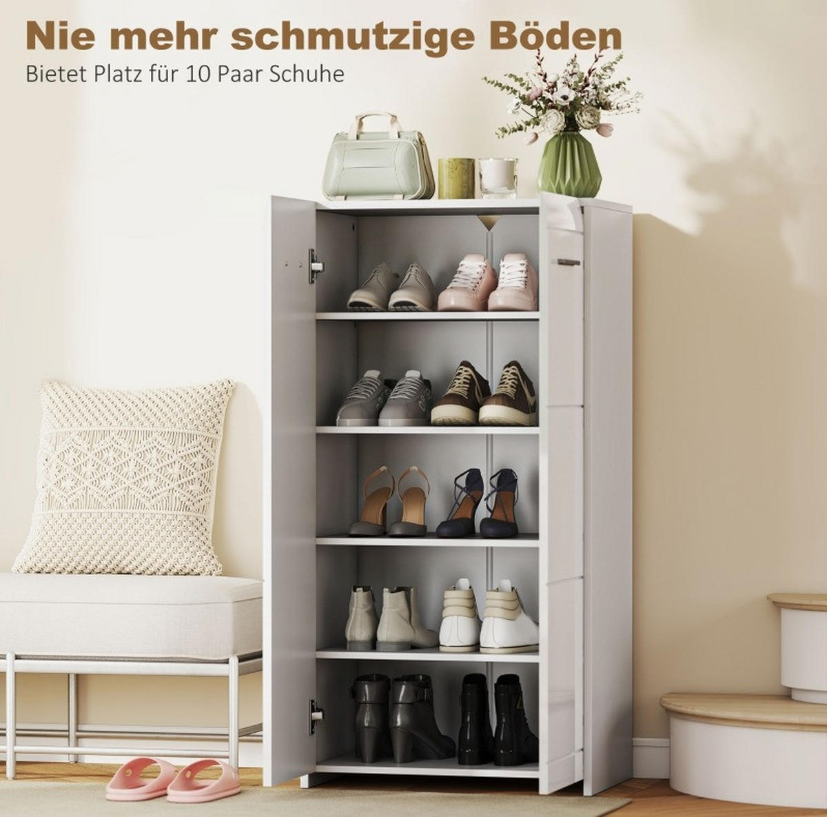 SCHUHSCHRANK 55/36/108 cm in Hochglanz-Weiß mit verstellbaren Böden - Weiß, Holz (55/108/36cm) - BEAOK