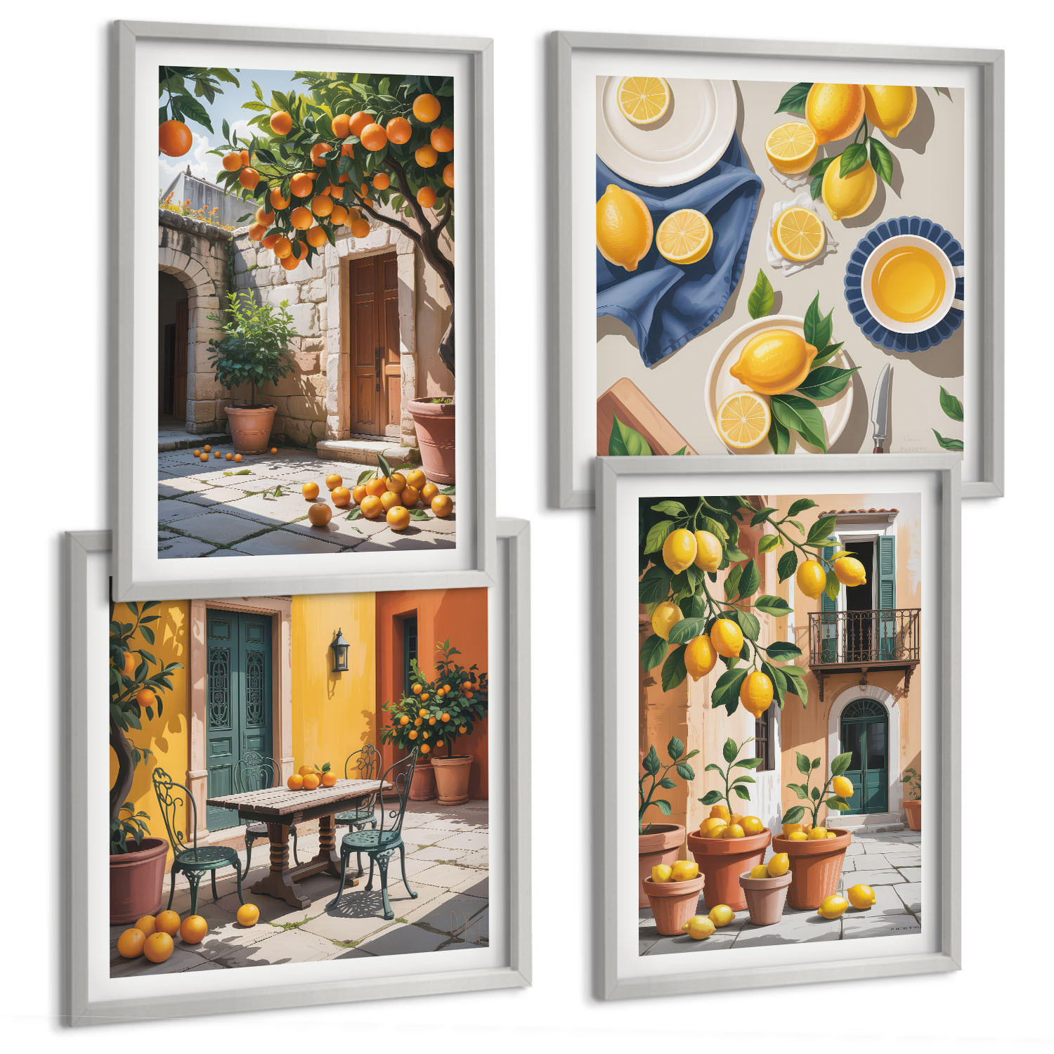 BILDER SET 4er Set - 50x50 cm & 40x60 cm Silberner Rahmen - Zitrusbäume in einem sonnigen Garten - Silberfarben, Kunststoff (50/50cm) - TULUP