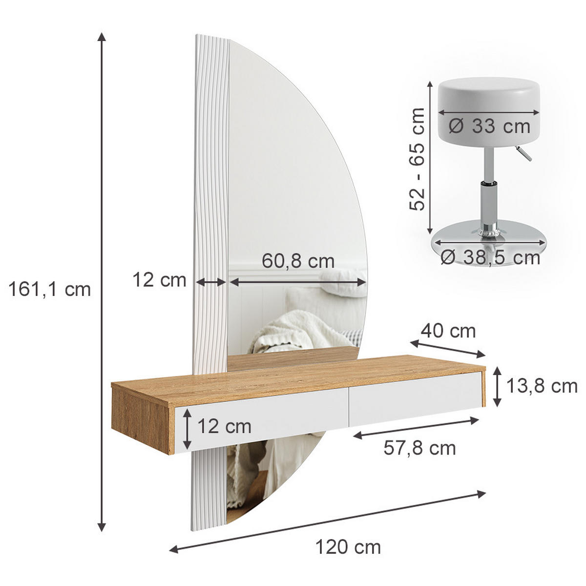 SCHMINKTISCH Melisa Weiß 120 cm mit LED Beleuchtung und Hocker - Eichefarben/Weiß, Holzwerkstoff (120/161.1/40cm) - Vicco