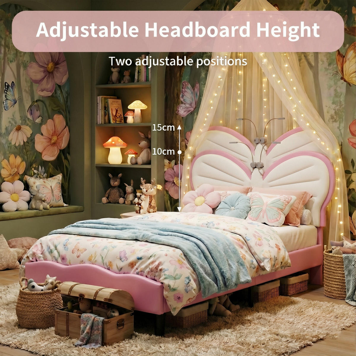 KINDERBETT Schmetterling mit LED-Leselampen 90/200 cm Samt Rosa - Pink, Textil (90/200cm) - Creahappy
