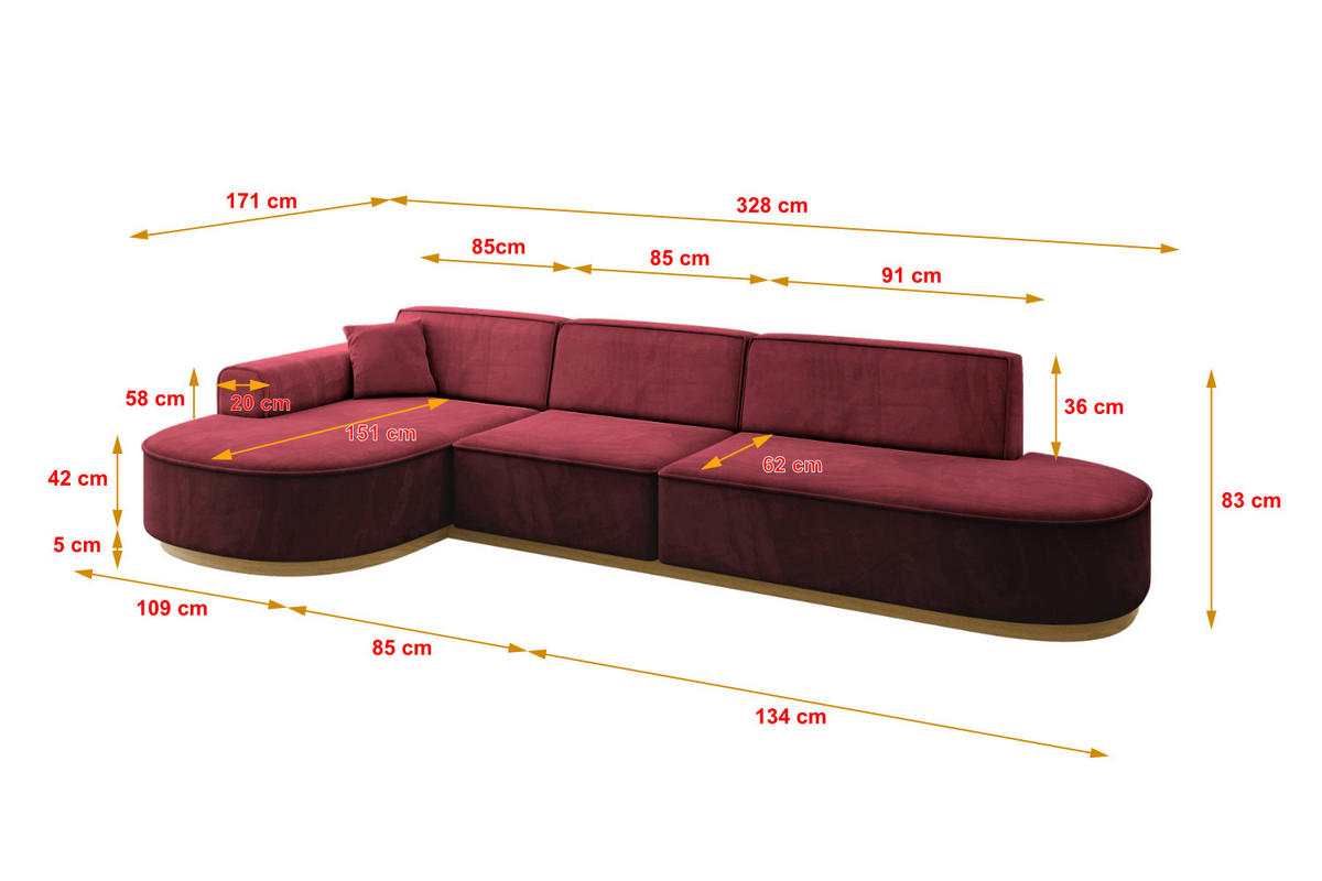 ECKSOFA Ottomane Links MARI-L2-v2 - 328x171x83 cm Bordeaux Velours - Bordeaux, Holzwerkstoff/Textil (328/171cm) - ALTDECOR