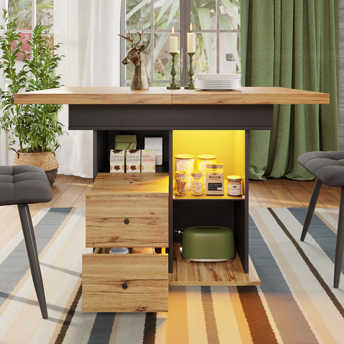 ESSTISCH 110-140x80x75 cm in Natur und Schwarz aus MDF mit LED-Beleuchtung ausziehbar - Naturfarben, Holzwerkstoff (140/80/75cm) - Modfu