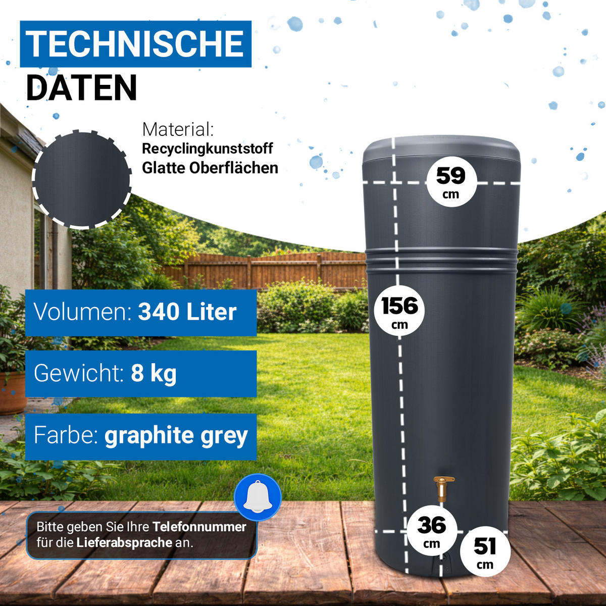 2IN1 Regentonne 340 L, graphite grey inkl. Pflanzschale - Grau, Kunststoff (59/156/59cm) - 4rain