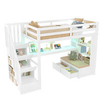HOCHBETT aus Kiefer und MDF 90x200 cm Weiß mit Schreibtisch, Regalen, 2 Schubladen, Stauraumtreppe und LED-Beleuchtung - Weiß, Holzwerkstoff (90/200cm) - Modfu