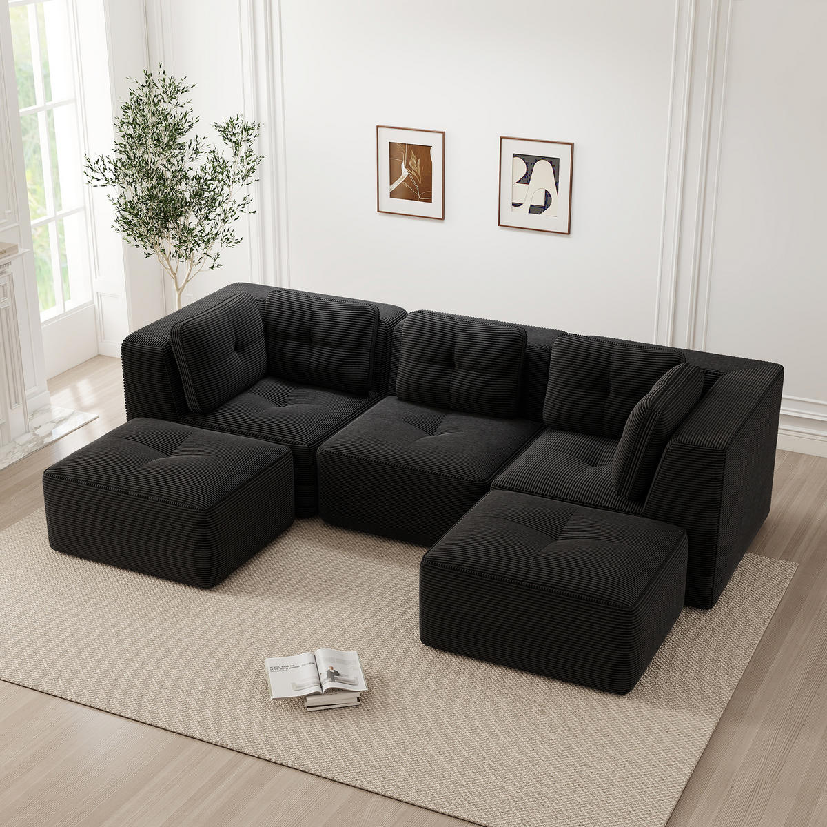 3-SITZER Sofa 297x177x69 cm aus Cordstoff rahmenlos modular mit 2 Ottomans, schwarz - Schwarz, Textil (177/69/297cm)