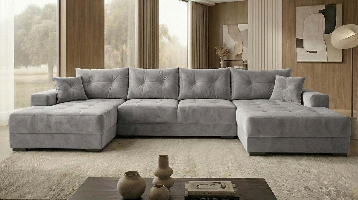 ECKSOFA MODENA 320 cm x 185 cm – Stoff: VELUTTO Silber 15 Farbe: Grau - Grau, Textil (320/185cm) - A&J MöbelLand