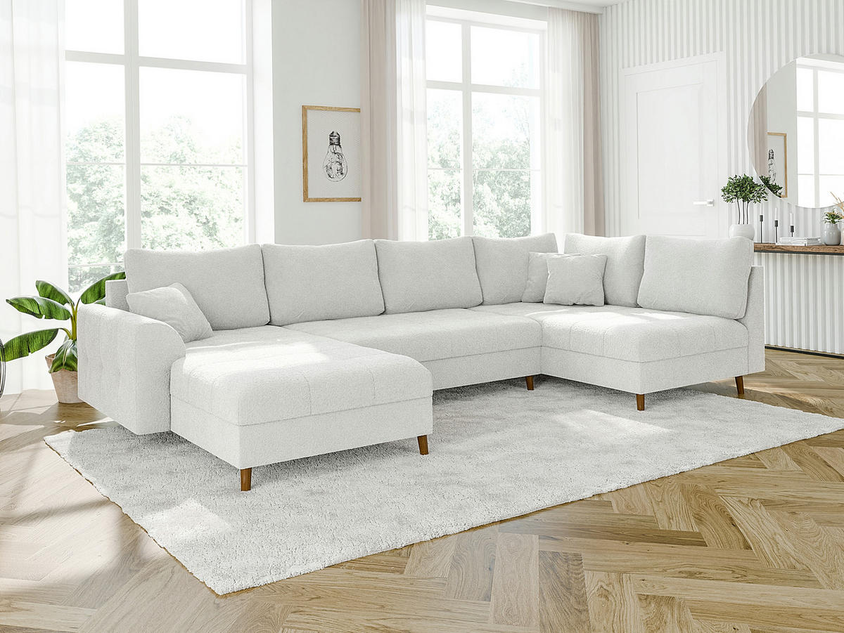 WOHNLANDSCHAFT inkl. Hocker Henrik Weiß Boucle - Weiß/Braun, Holz/Textil (310/81/161cm) - S-Style Möbel