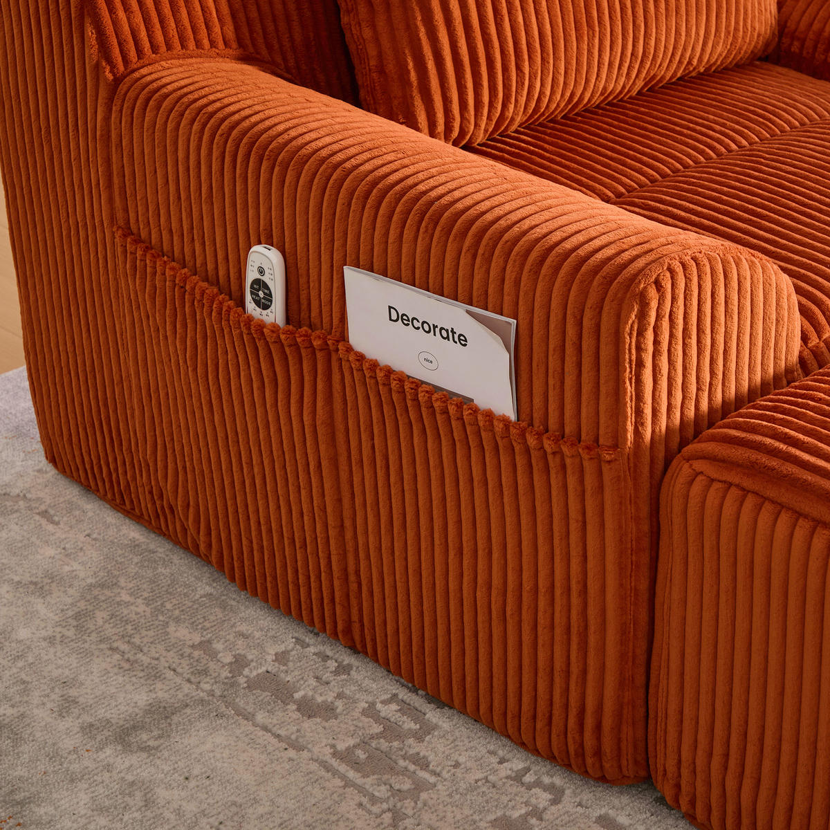 SOFA Cord Orange mit Fußhocker, Seitentaschen und Kissen - Orange, Textil (110/67/147cm) - WISHDOR