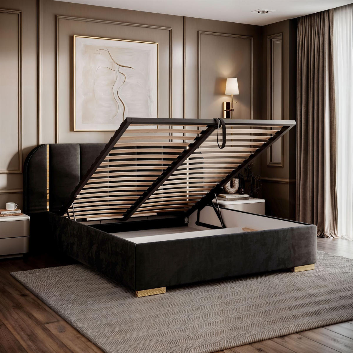 BETT AMARA GOLD 160x200 gepolstert mit Stauraum und Lattenrost, Royal Velvet 254 - Schwarz, Textil (160/200cm) - Lookway