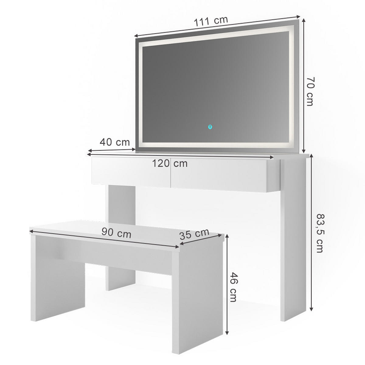SCHMINKTISCH Azur Weiß 120 cm mit LED Spiegel und Bank - Weiß, Holzwerkstoff (120/83/40cm) - Vicco