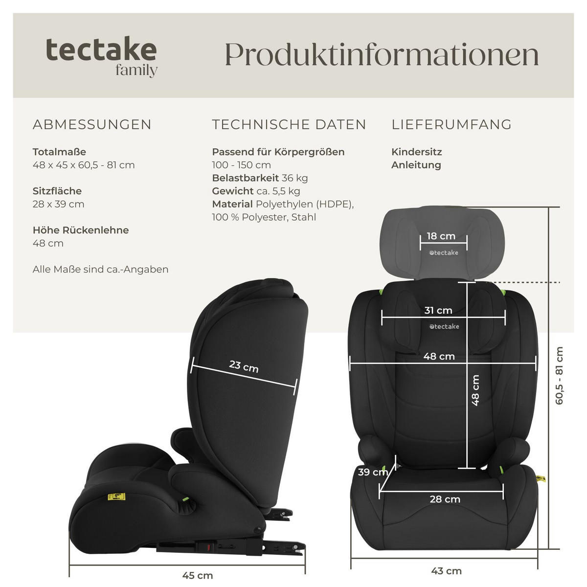 AUTOSITZ Levi, von 100 bis 150 cm, Belastbarkeit 36 kg, schwarz - Schwarz, Kunststoff (48/81/45cm) - tectake