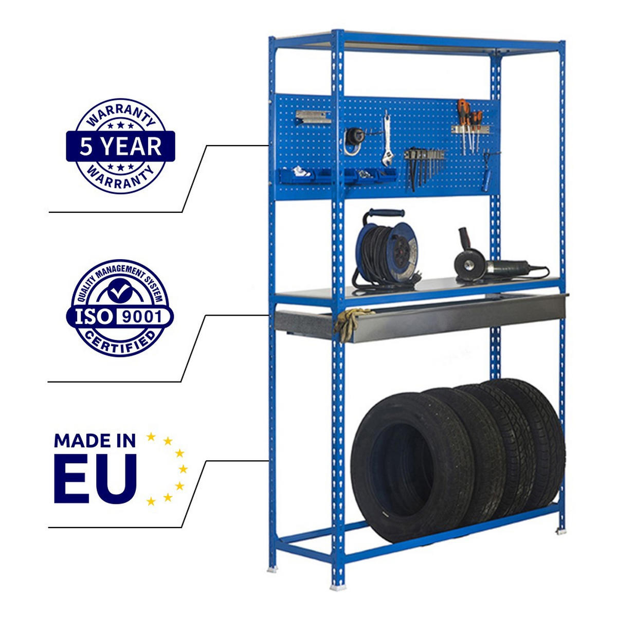 REIFENREGAL mit Arbeitsfläche und Schubfach Metal Shark NO.5 HxBxT 200 x 120 x 40 cm 6 Reifen Blau - Blau, Metall (120/200/40cm) - PROREGAL