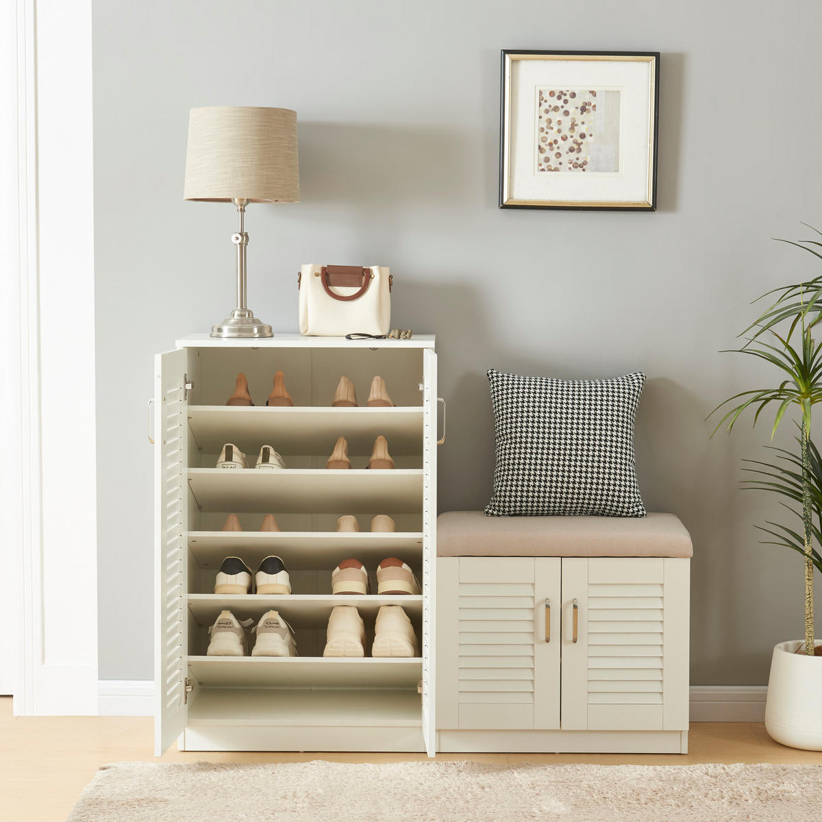 SCHUHSCHRANK Løten mit Sitzbank - Weiß, Holzwerkstoff (120/97/36cm) - [en.casa]
