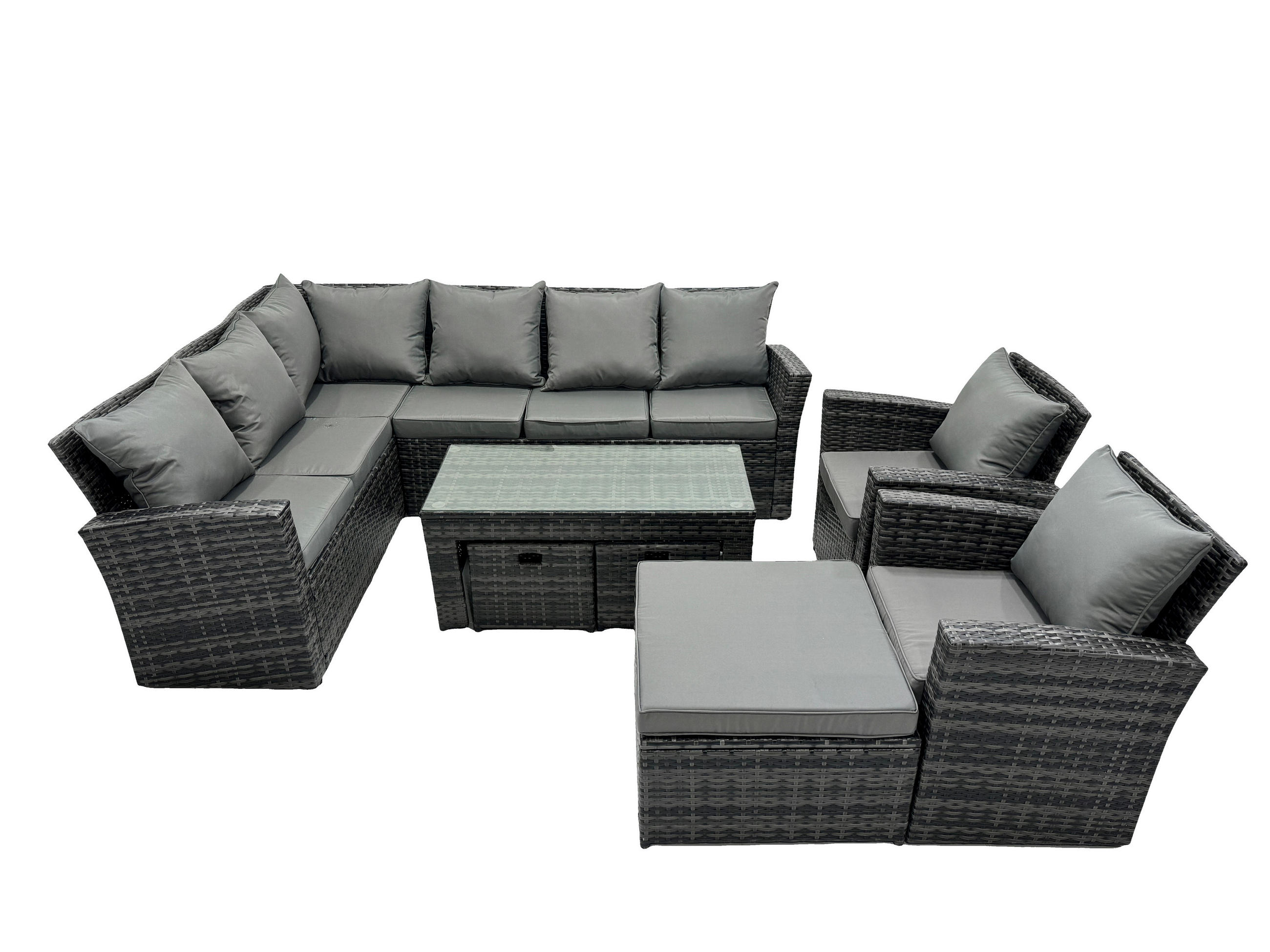 BALKONMÖBEL-SETS mit Ecksofa,Länglicher Couchtisch,4 Hocker Polyrattan Dunkelgrau 11-Sitzer - Dunkelgrau/Grau, Glas/Kunststoff - Fimous