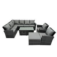 BALKONMÖBEL-SETS mit Ecksofa,Länglicher Couchtisch,4 Hocker Polyrattan Dunkelgrau 11-Sitzer - Dunkelgrau/Grau, Glas/Kunststoff - Fimous