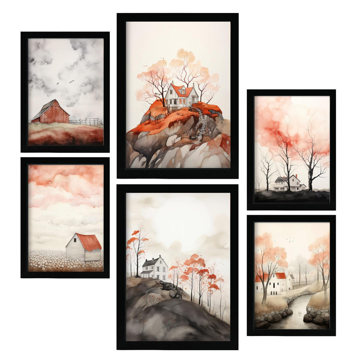 POSTER Set Mit 6 Orange Stadt A3 & A4 Schwarzer Rahmen - Schwarz, Papier (29/3cm) - Nacnic