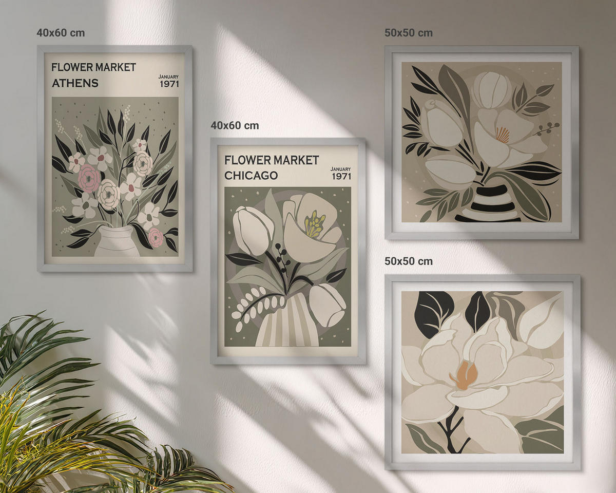 BILDER SET 4er Set - 50x50 cm & 40x60 cm Silberner Rahmen - Retro-Blumenmuster aus verschiedenen Städten - Silberfarben, Kunststoff (50/50cm) - TULUP