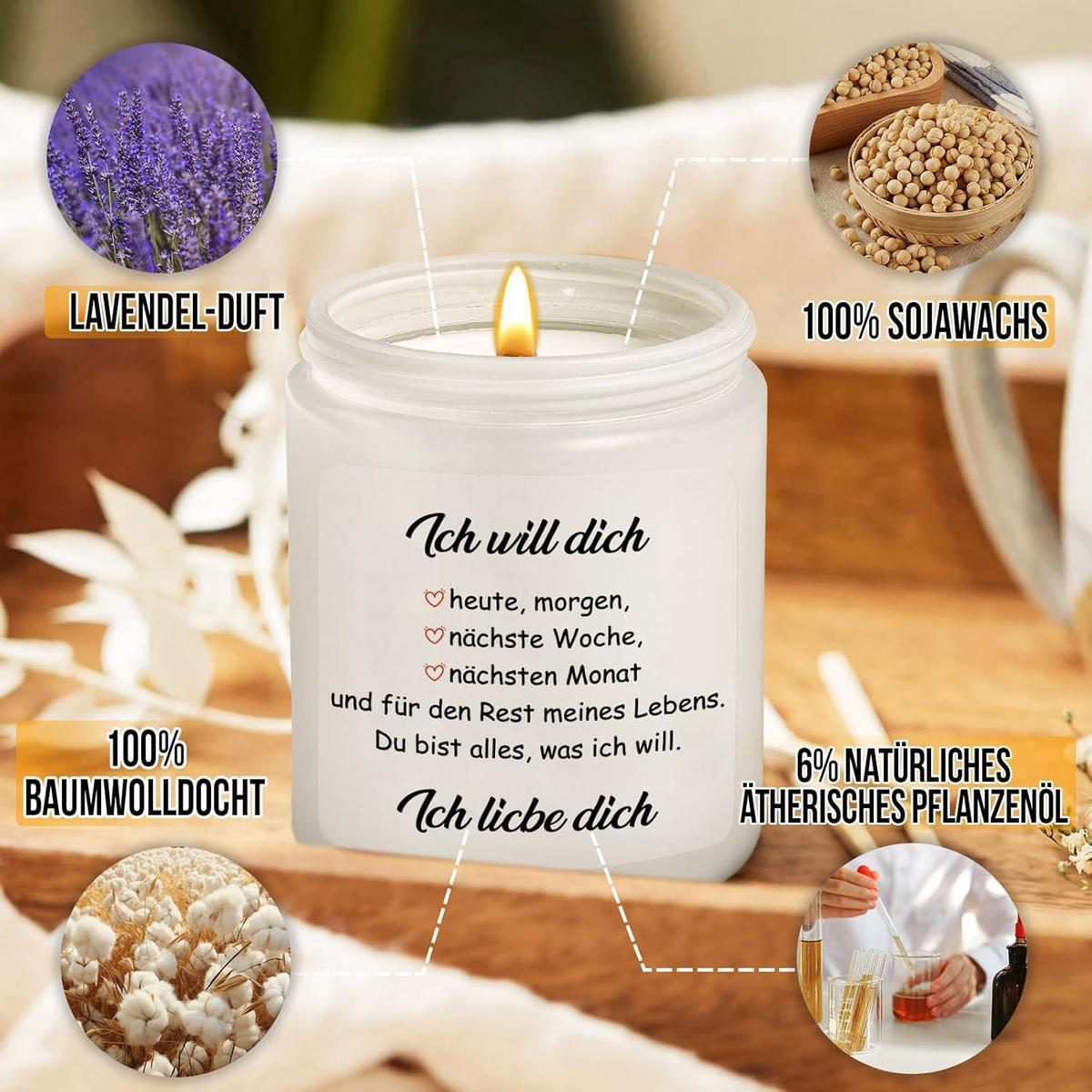 DUFTKERZE Lavendel Ich liebe dich 50h Brenndauer - Weiß, Paraffin (9cm)